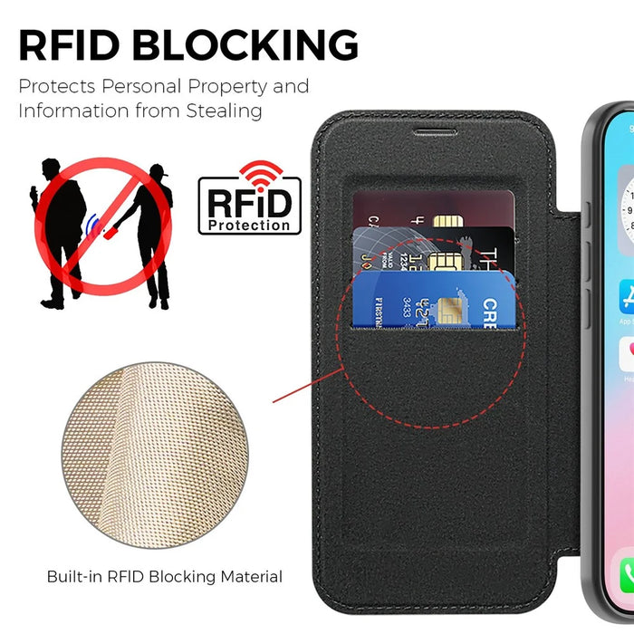 For iPhone Air Case Compatible with MagSafe RFID Blocking Leather Phone Cover - Black - 4