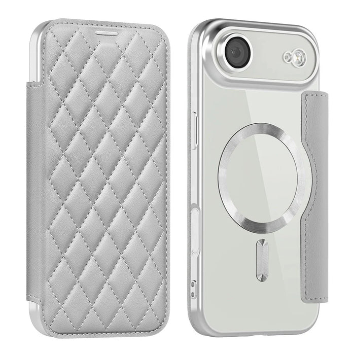 For iPhone Air Case Compatible with MagSafe Rhombus PU Leather Phone Cover - Titanium Grey - 1