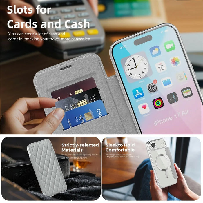 For iPhone Air Case Compatible with MagSafe Rhombus PU Leather Phone Cover - Titanium Grey - 3