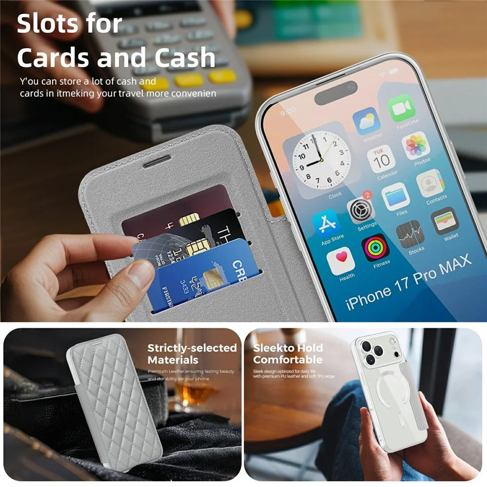 For iPhone 17 Pro Max Case Compatible with MagSafe Rhombus PU Leather Phone Cover - Titanium Grey - 3