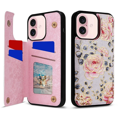 For iPhone 17 Case Flower Leather TPU RFID Blocking Phone Cover Card Slots - Rose - 1
