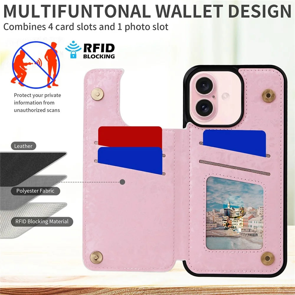 For iPhone 17 Case Flower Leather TPU RFID Blocking Phone Cover Card Slots - Rose - 4