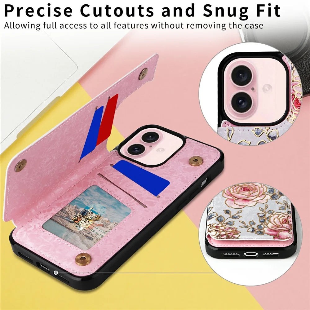 For iPhone 17 Case Flower Leather TPU RFID Blocking Phone Cover Card Slots - Rose - 6