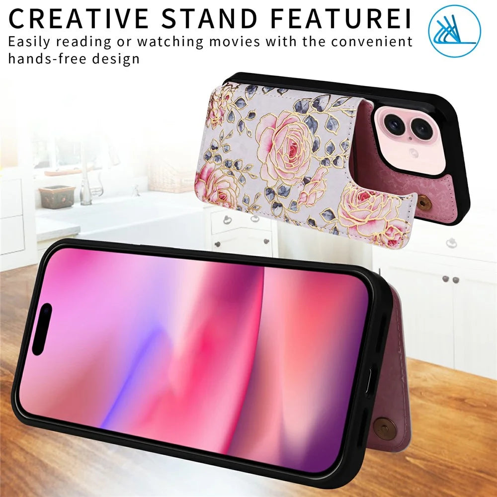 For iPhone 17 Case Flower Leather TPU RFID Blocking Phone Cover Card Slots - Rose - 7