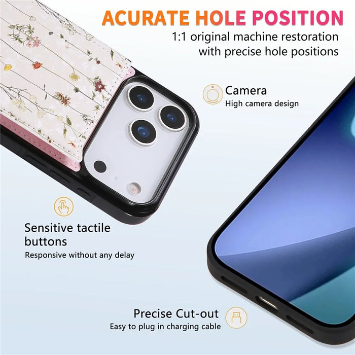 For iPhone 18 Pro / 17 Pro Case Flower Leather TPU RFID Blocking Phone Cover Card Slots - Dried Flower - 7