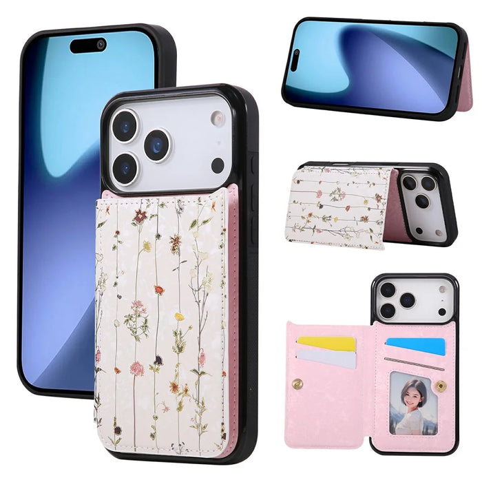 For iPhone 18 Pro Max / 17 Pro Max Case Flower Leather TPU RFID Blocking Phone Cover Card Slots - Dried Flower - 1