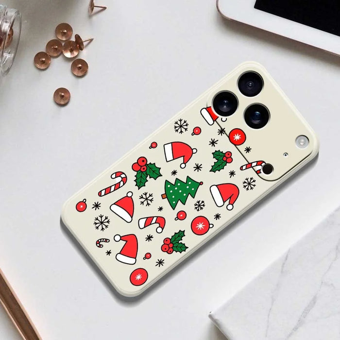 For iPhone 18 Pro Max / 17 Pro Max Case Santa Hats and Canes Pattern Printing Straight Edge TPU Phone Back Cover - Beige - 6
