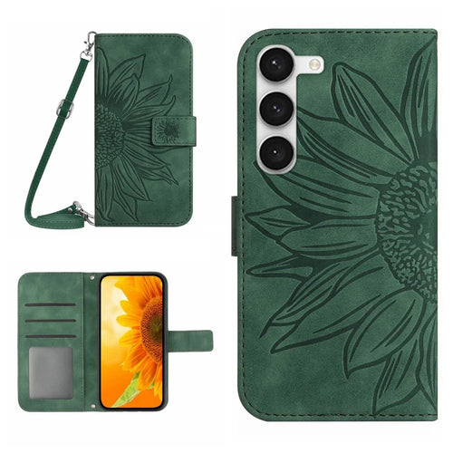 For Samsung Galaxy S23 HT04 Imprinted Sunflower Wallet Case Skin-Touch PU Leather Stand Magnetic Clasp Phone Cover with Shoulder Strap - Dark Green - 1