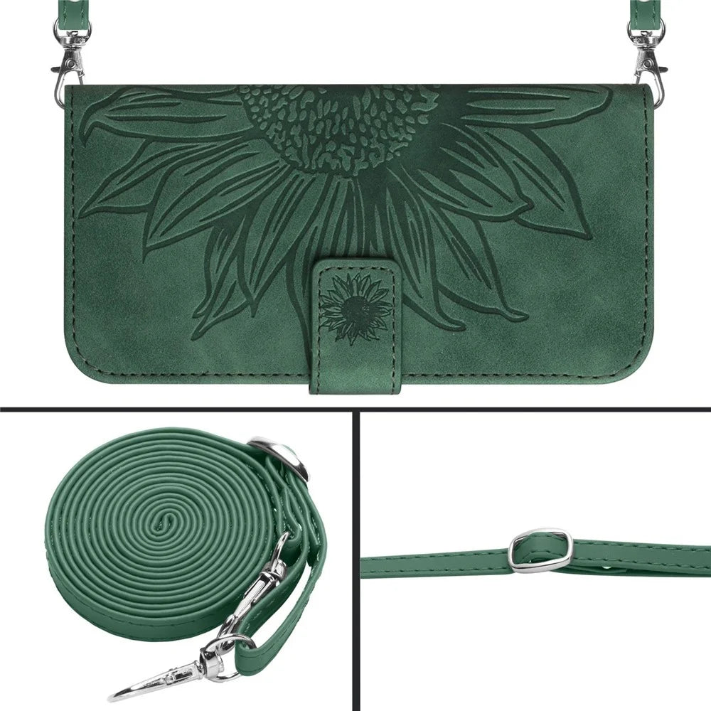 For Samsung Galaxy S23 HT04 Imprinted Sunflower Wallet Case Skin-Touch PU Leather Stand Magnetic Clasp Phone Cover with Shoulder Strap - Dark Green - 4