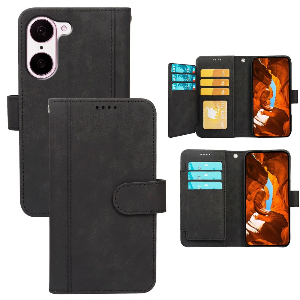 For OnePlus Nord CE5 5G / Ace 5 Racing 5G Leather Case Line Pattern Wallet Phone Cover with 9 Card Slots - Black - 1