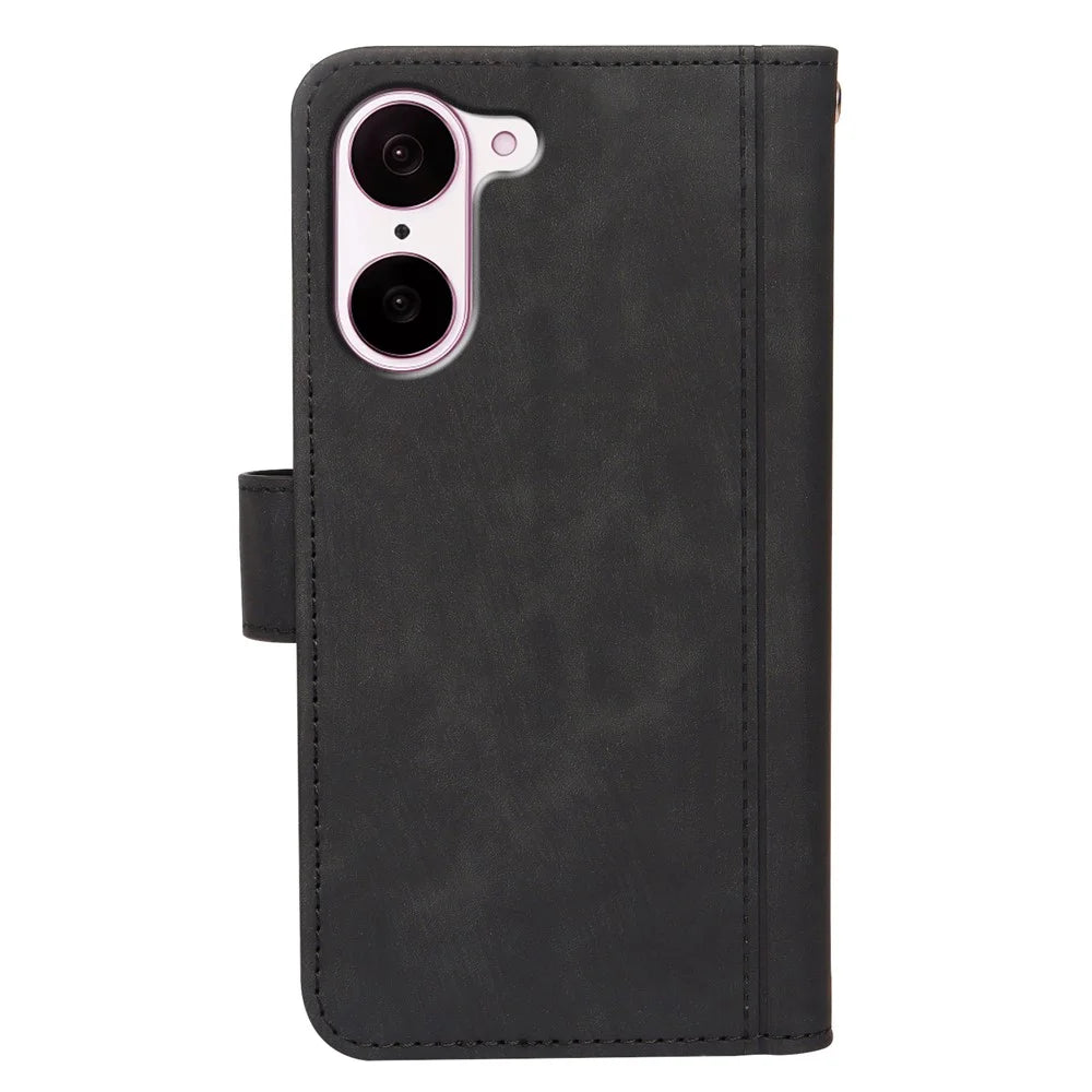 For OnePlus Nord CE5 5G / Ace 5 Racing 5G Leather Case Line Pattern Wallet Phone Cover with 9 Card Slots - Black - 6