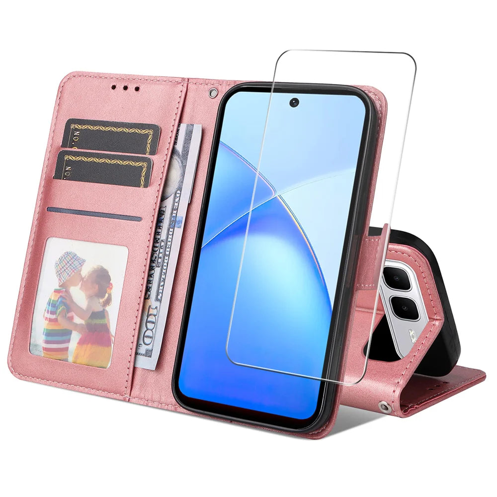 ENKAY HAT PRINCE For Infinix Smart 10 Plus PU Leather Wallet Case   Phone Stand Cover with Tempered Glass - Pink - 1