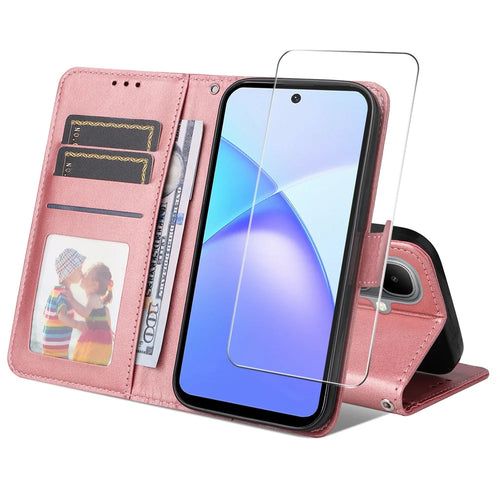 ENKAY HAT PRINCE For TECNO Pop 10 / Infinix Smart 10 PU Leather Wallet Case   Phone Stand Cover with Tempered Glass - Pink - 1