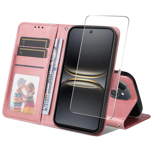 ENKAY HAT PRINCE For TECNO Spark 40C PU Leather Wallet Case   Phone Stand Cover with Tempered Glass - Pink - 1