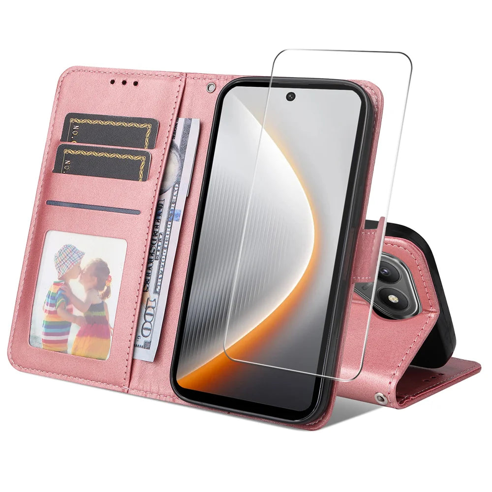 ENKAY HAT PRINCE For TECNO Pova 7 4G PU Leather Wallet Case   Phone Stand Cover with Tempered Glass - Pink - 1