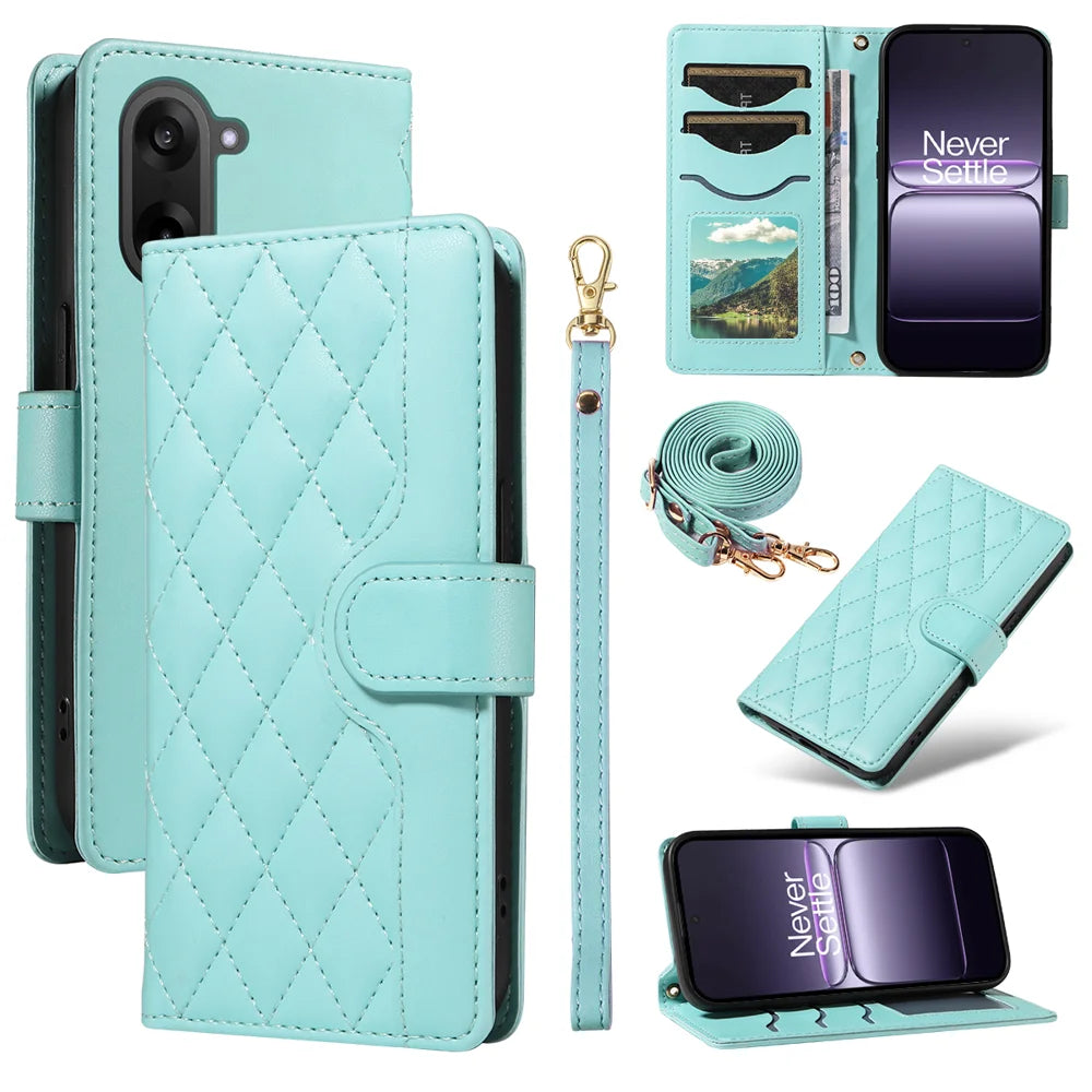 For OnePlus Nord CE5 5G / OnePlus Ace 5 Racing 5G Wallet Case Rhombus Leather Phone Cover with Strap - Green - 1