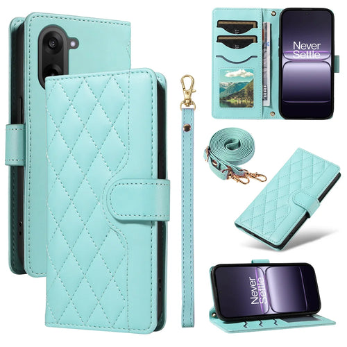 For OnePlus Nord CE5 5G / OnePlus Ace 5 Racing 5G Wallet Case Rhombus Leather Phone Cover with Strap - Green - 1