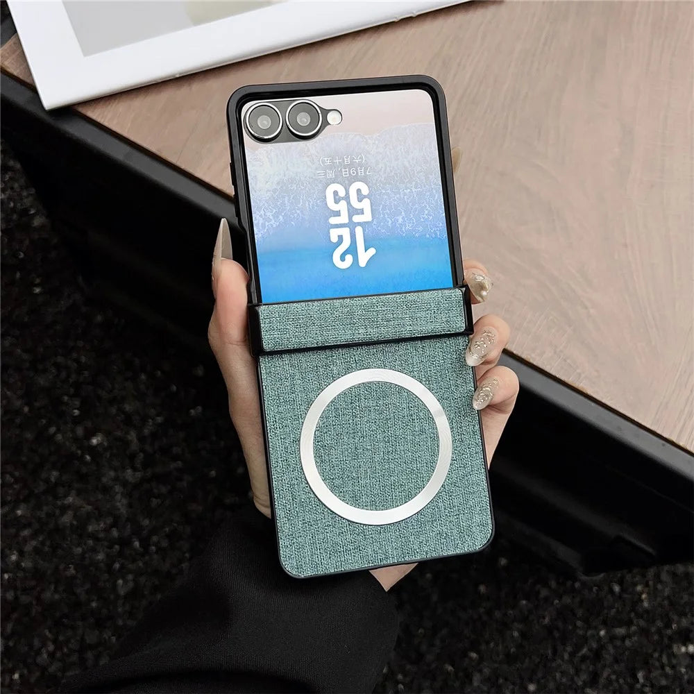 For Samsung Galaxy Z Flip7 5G Magnetic Case Leather + PC Phone Cover with Rear Screen Film and Hinge - Green - 2
