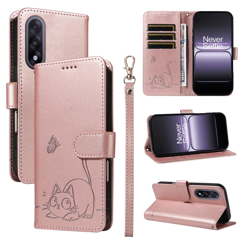For OnePlus Nord 5 5G / OnePlus Ace 5 Ultra 5G Case Cat Pattern Imprint Leather Phone Cover with Wrist Strap - Rose Gold - 1