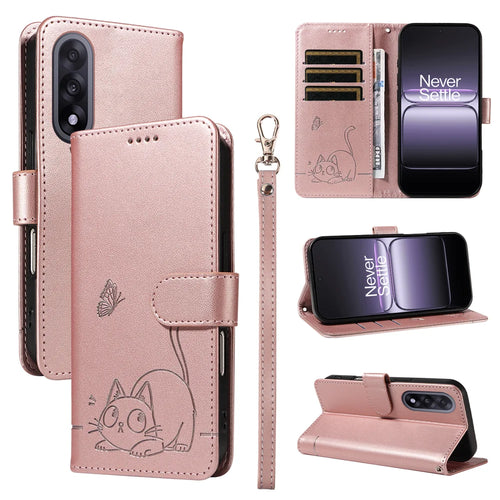 For OnePlus Nord 5 5G / OnePlus Ace 5 Ultra 5G Case Cat Pattern Imprint Leather Phone Cover with Wrist Strap - Rose Gold - 1