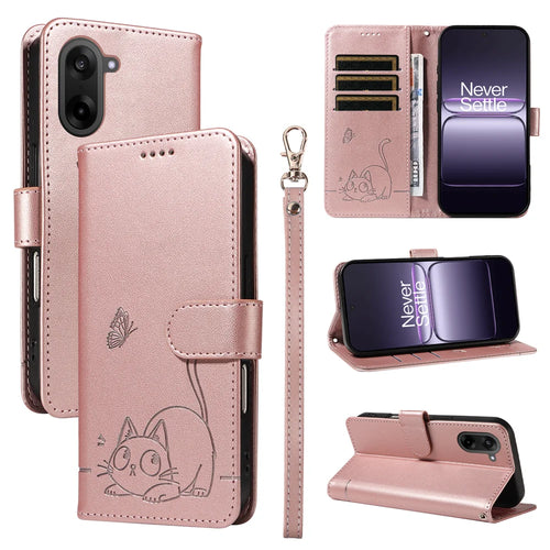 For OnePlus Nord CE5 5G / OnePlus Ace 5 Racing 5G Case Cat Pattern Imprint Leather Phone Cover with Wrist Strap - Rose Gold - 1