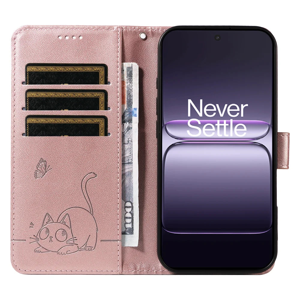 For OnePlus Nord CE5 5G / OnePlus Ace 5 Racing 5G Case Cat Pattern Imprint Leather Phone Cover with Wrist Strap - Rose Gold - 2