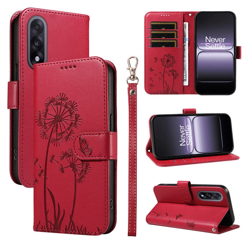 For OnePlus Nord 5 5G / OnePlus Ace 5 Ultra 5G Leather Wallet Case with Strap Dandelion Imprint Phone Stand Cover - Red - 1