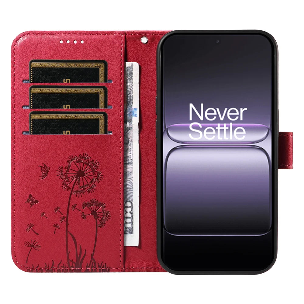 For OnePlus Nord 5 5G / OnePlus Ace 5 Ultra 5G Leather Wallet Case with Strap Dandelion Imprint Phone Stand Cover - Red - 2
