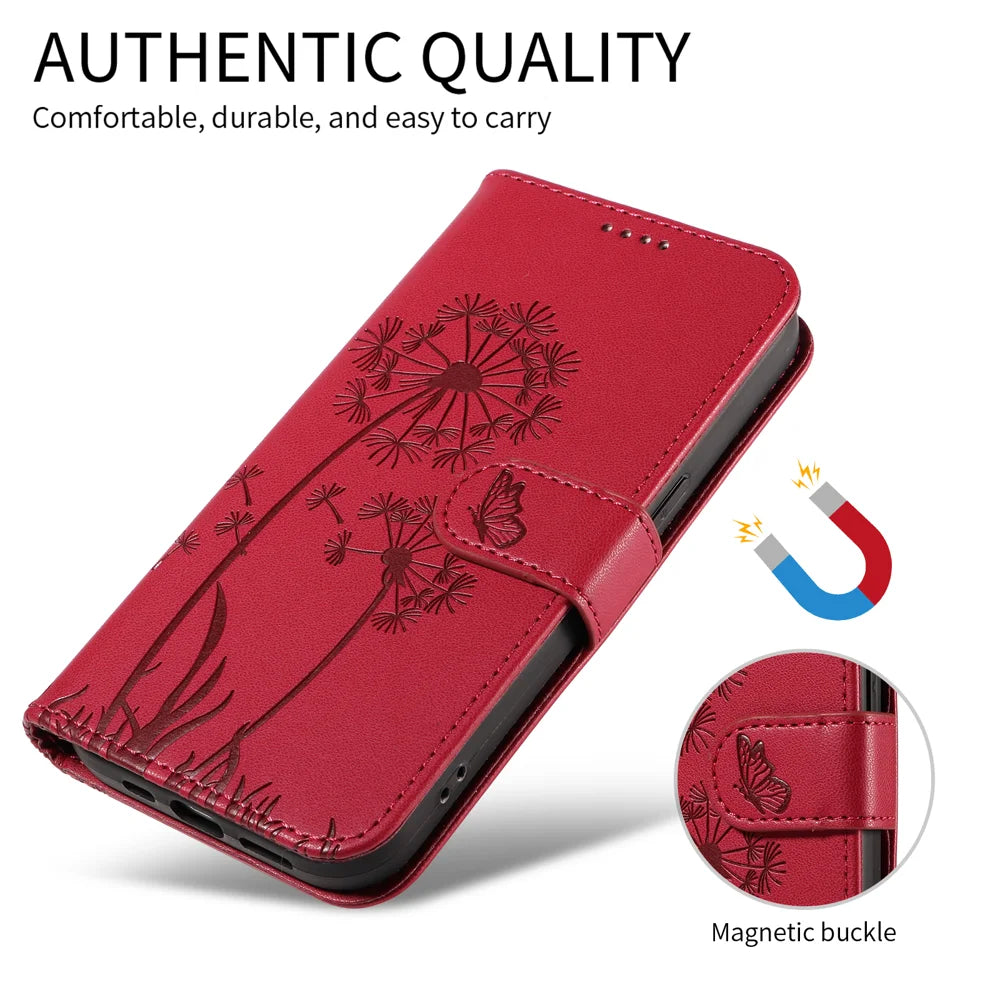 For OnePlus Nord 5 5G / OnePlus Ace 5 Ultra 5G Leather Wallet Case with Strap Dandelion Imprint Phone Stand Cover - Red - 5