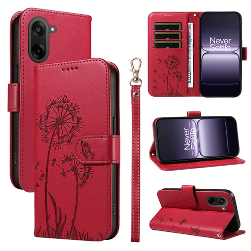 For OnePlus Nord CE5 5G / OnePlus Ace 5 Racing 5G Leather Wallet Case with Strap Dandelion Imprint Phone Stand Cover - Red - 1