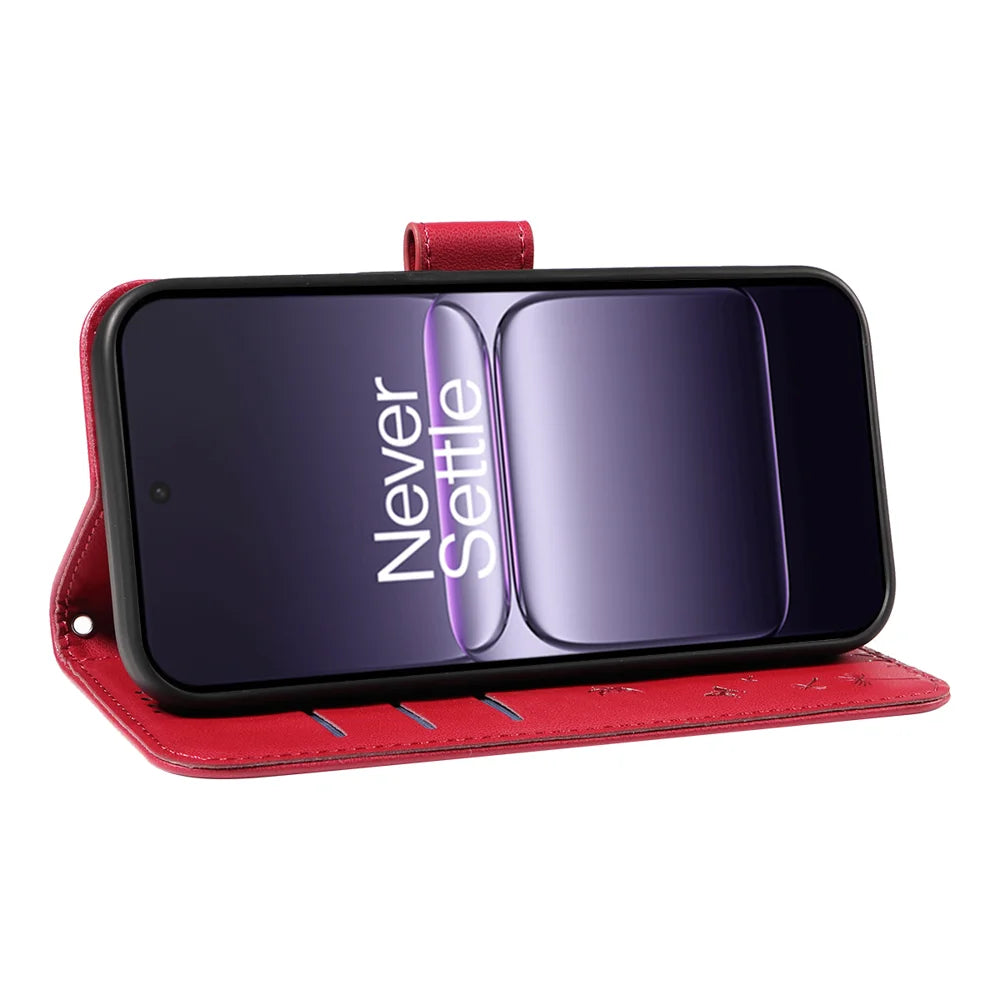 For OnePlus Nord CE5 5G / OnePlus Ace 5 Racing 5G Leather Wallet Case with Strap Dandelion Imprint Phone Stand Cover - Red - 7