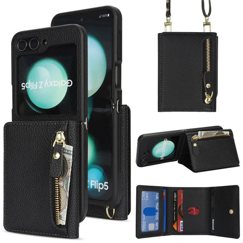 For Samsung Galaxy Z Flip5 5G Case Card Holder Kickstand Litchi Texture PU TPU Phone Cover with Long Strap - Black - 1