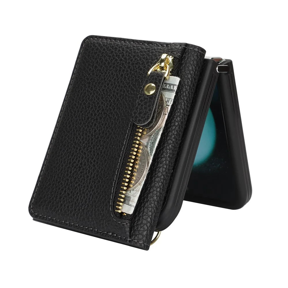 For Samsung Galaxy Z Flip5 5G Case Card Holder Kickstand Litchi Texture PU TPU Phone Cover with Long Strap - Black - 3