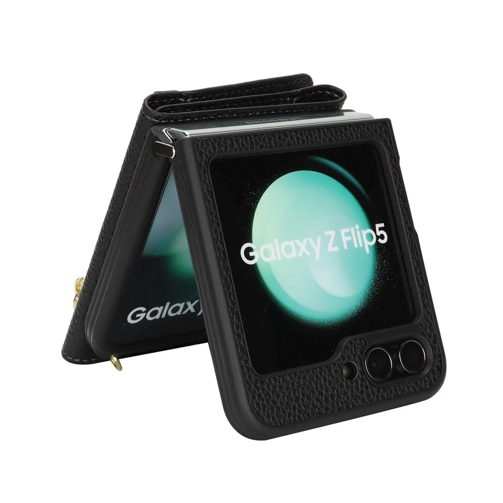 For Samsung Galaxy Z Flip5 5G Case Card Holder Kickstand Litchi Texture PU TPU Phone Cover with Long Strap - Black - 4