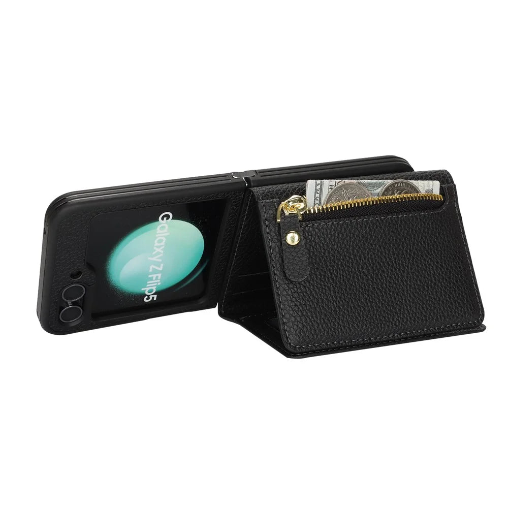 For Samsung Galaxy Z Flip5 5G Case Card Holder Kickstand Litchi Texture PU TPU Phone Cover with Long Strap - Black - 5
