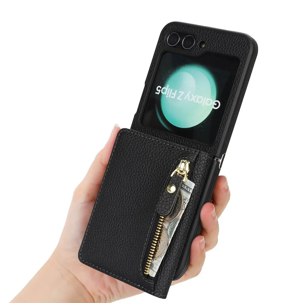 For Samsung Galaxy Z Flip5 5G Case Card Holder Kickstand Litchi Texture PU TPU Phone Cover with Long Strap - Black - 6