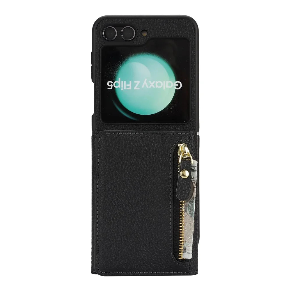 For Samsung Galaxy Z Flip5 5G Case Card Holder Kickstand Litchi Texture PU TPU Phone Cover with Long Strap - Black - 7