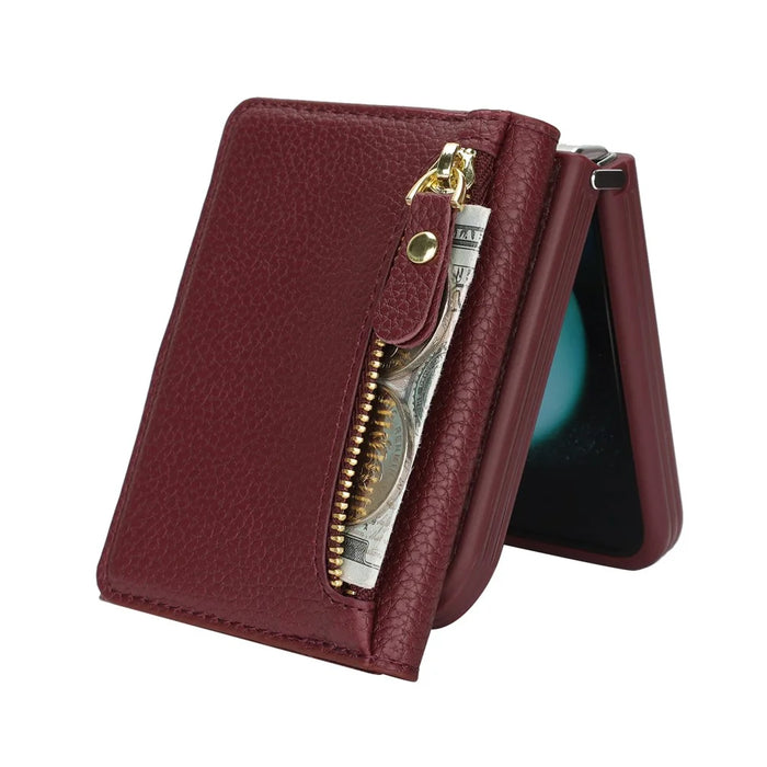 For Samsung Galaxy Z Flip4 5G Case Card Holder Kickstand Litchi Texture PU TPU Phone Cover with Long Strap - Wine Red - 3
