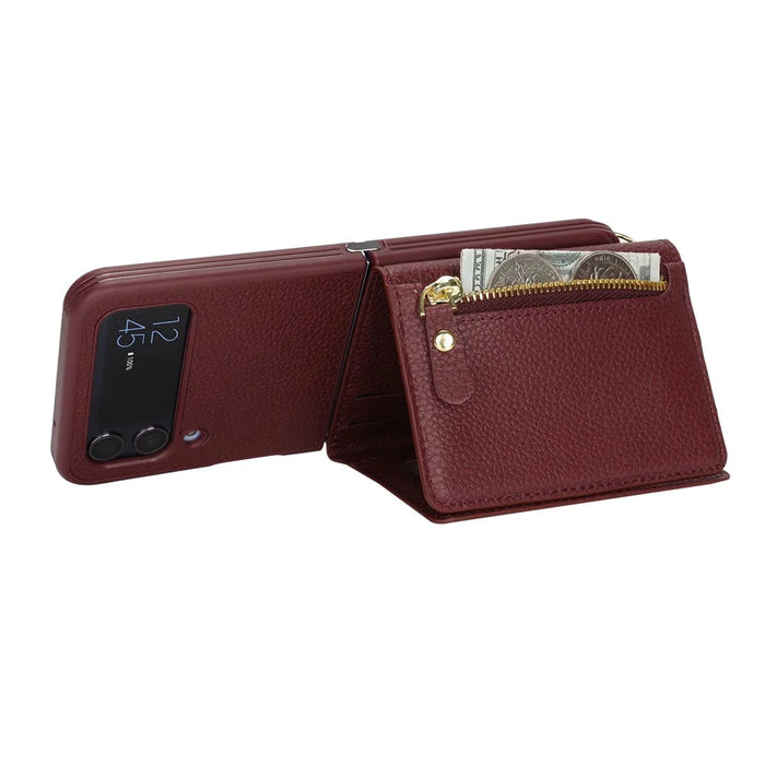 For Samsung Galaxy Z Flip4 5G Case Card Holder Kickstand Litchi Texture PU TPU Phone Cover with Long Strap - Wine Red - 5