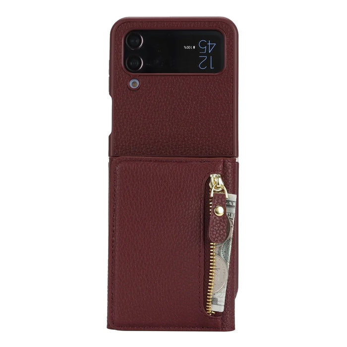For Samsung Galaxy Z Flip4 5G Case Card Holder Kickstand Litchi Texture PU TPU Phone Cover with Long Strap - Wine Red - 7