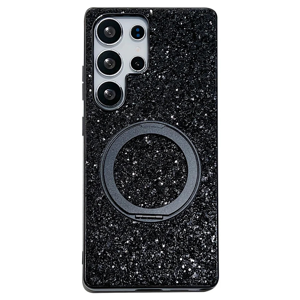 For Samsung Galaxy S25 Ultra Magnetic Case with Kickstand Glitter Electroplated TPU + PC Phone Cover - Black - 1