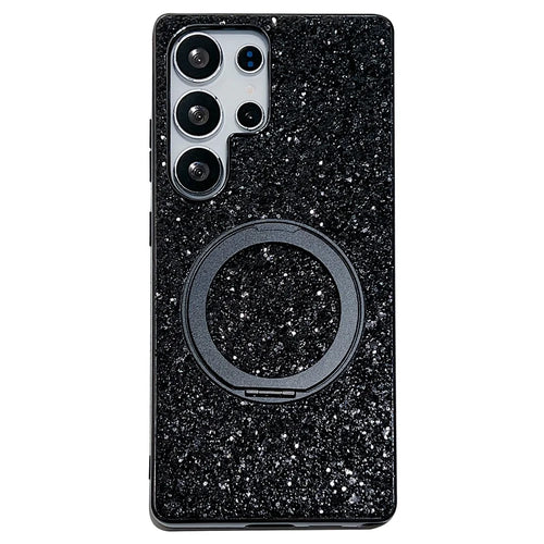 For Samsung Galaxy S25 Ultra Magnetic Case with Kickstand Glitter Electroplated TPU + PC Phone Cover - Black - 1