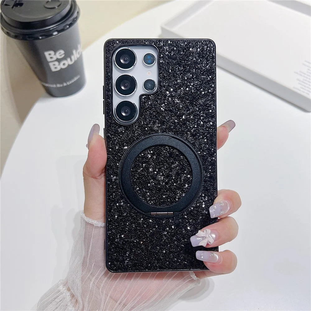 For Samsung Galaxy S25 Ultra Magnetic Case with Kickstand Glitter Electroplated TPU + PC Phone Cover - Black - 2
