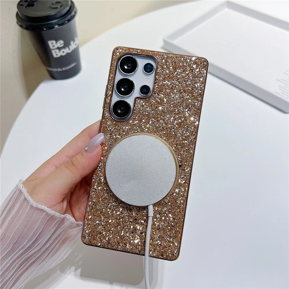 For Samsung Galaxy S25 Ultra Magnetic Case with Kickstand Glitter Electroplated TPU + PC Phone Cover - Black - 3