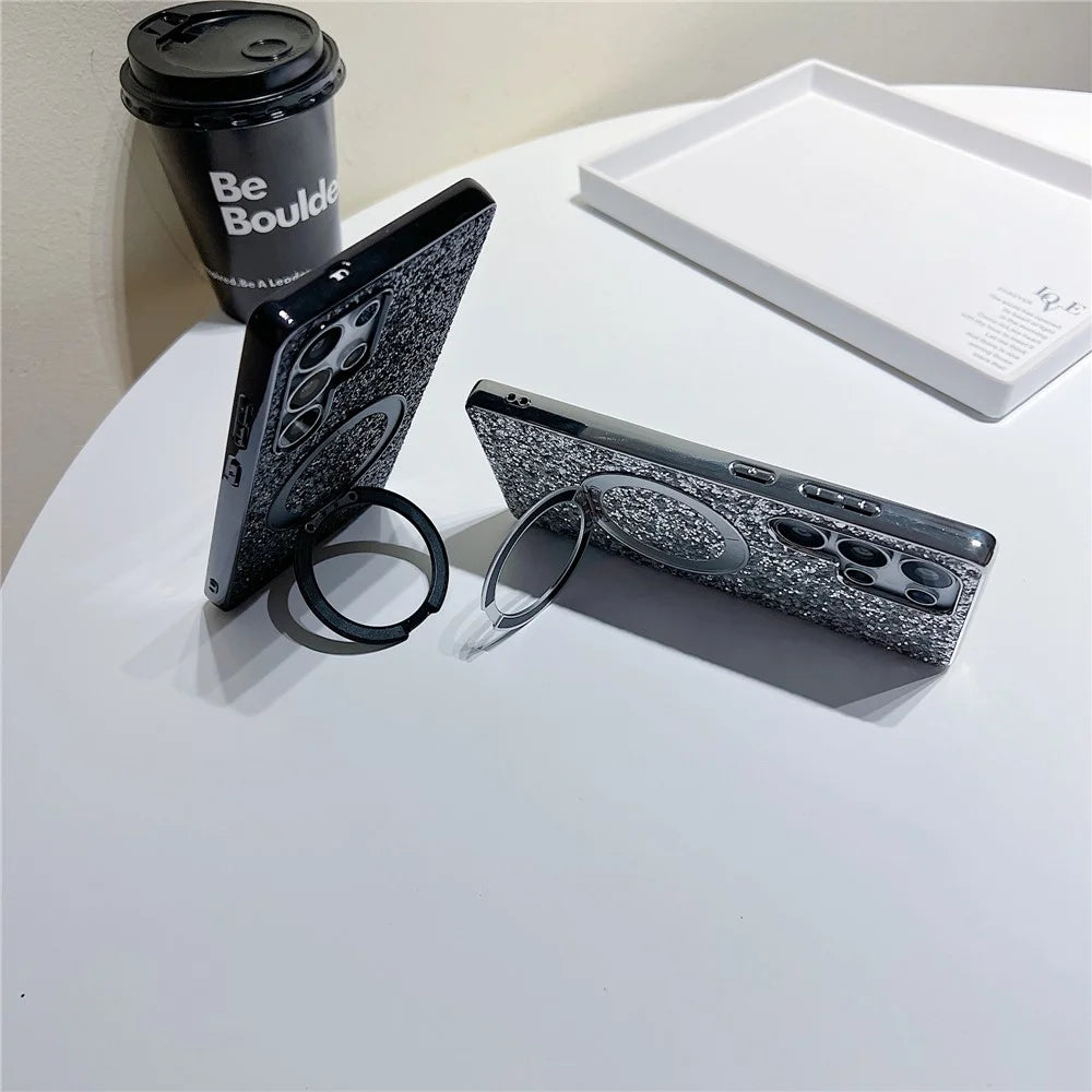 For Samsung Galaxy S25 Ultra Magnetic Case with Kickstand Glitter Electroplated TPU + PC Phone Cover - Black - 4