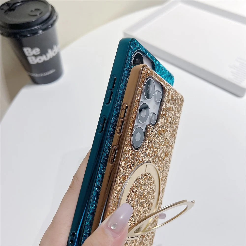 For Samsung Galaxy S25 Ultra Magnetic Case with Kickstand Glitter Electroplated TPU + PC Phone Cover - Black - 6