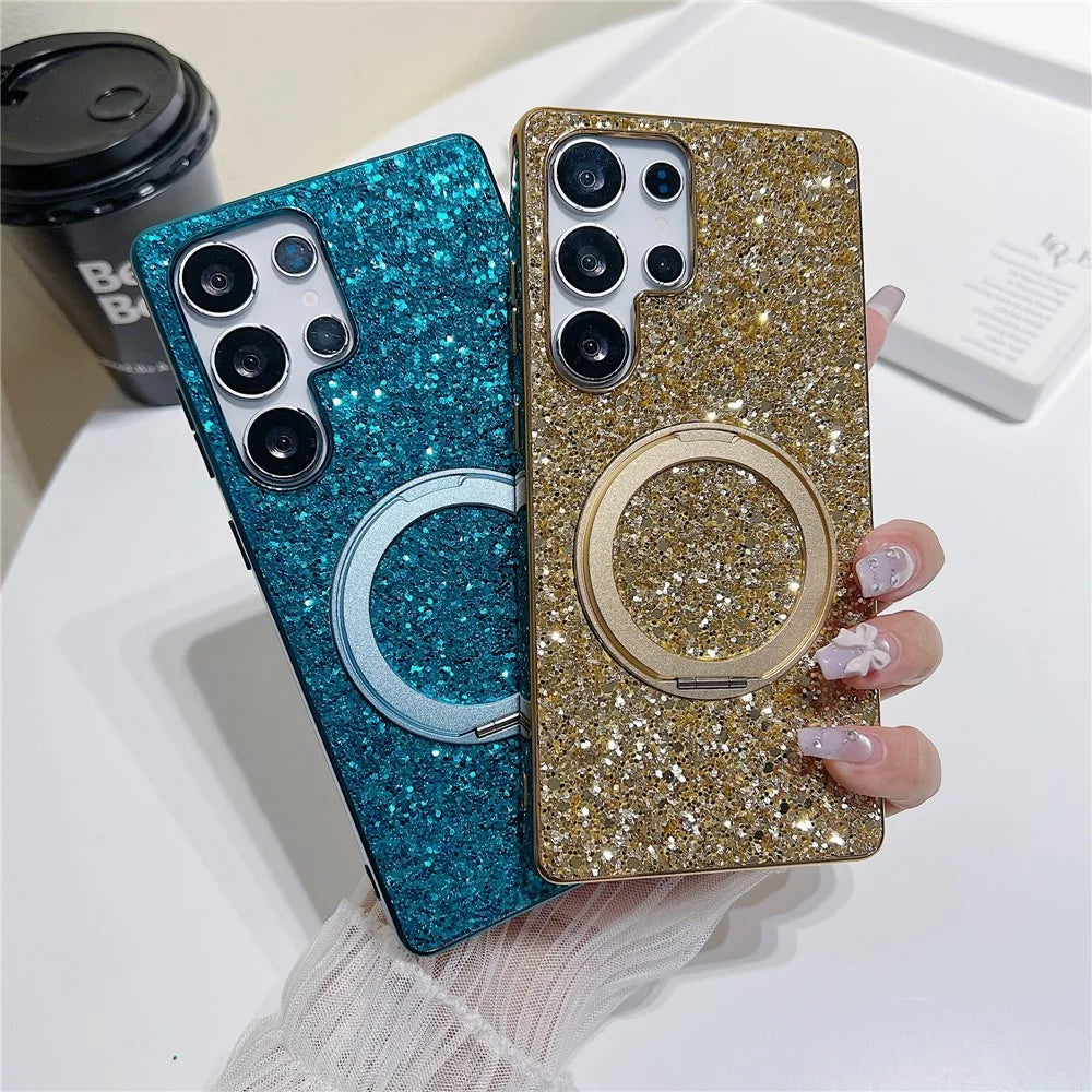 For Samsung Galaxy S25 Ultra Magnetic Case with Kickstand Glitter Electroplated TPU + PC Phone Cover - Black - 7