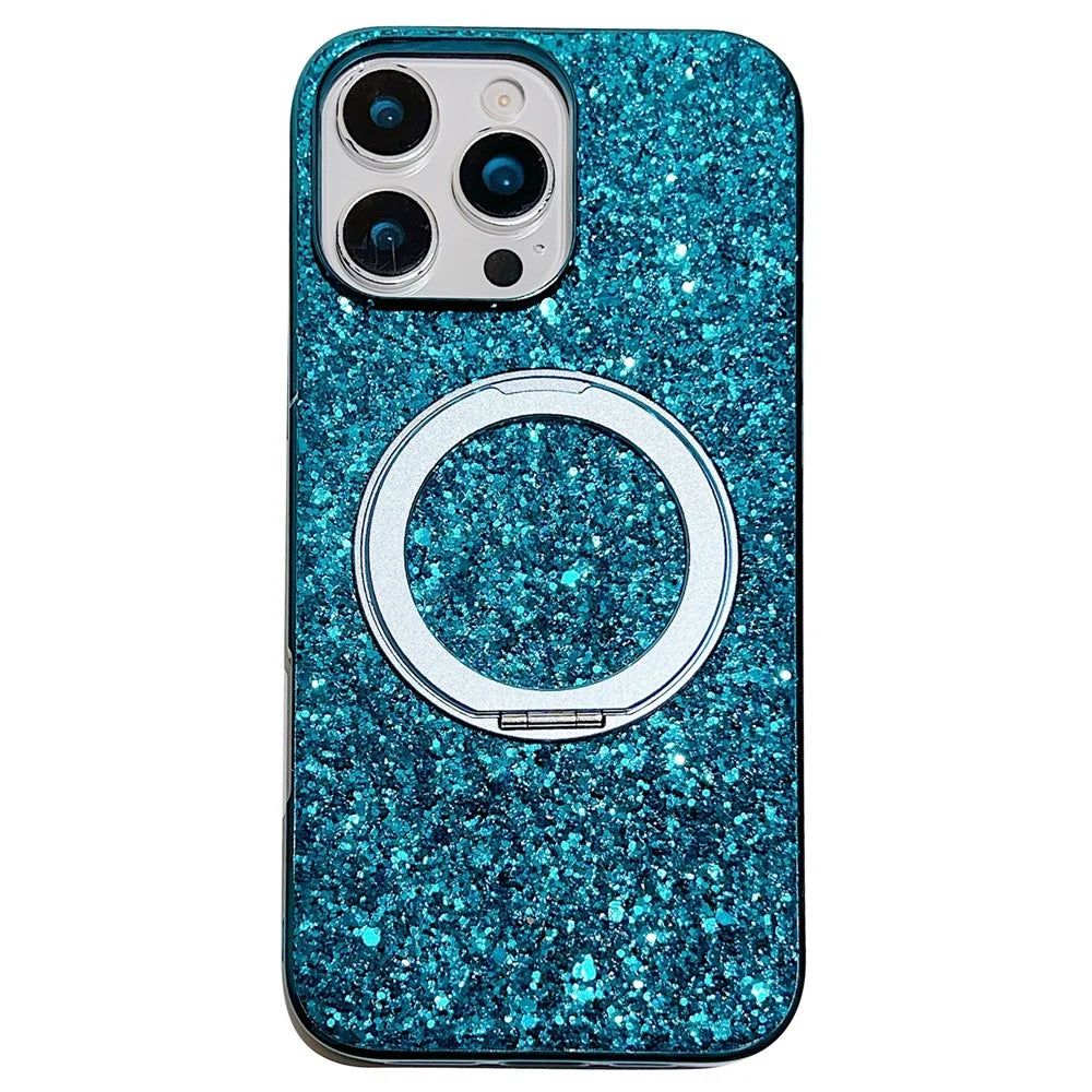For iPhone 16 Pro Max Magnetic Case with Kickstand Glitter Electroplated TPU + PC Phone Cover - Blue - 1