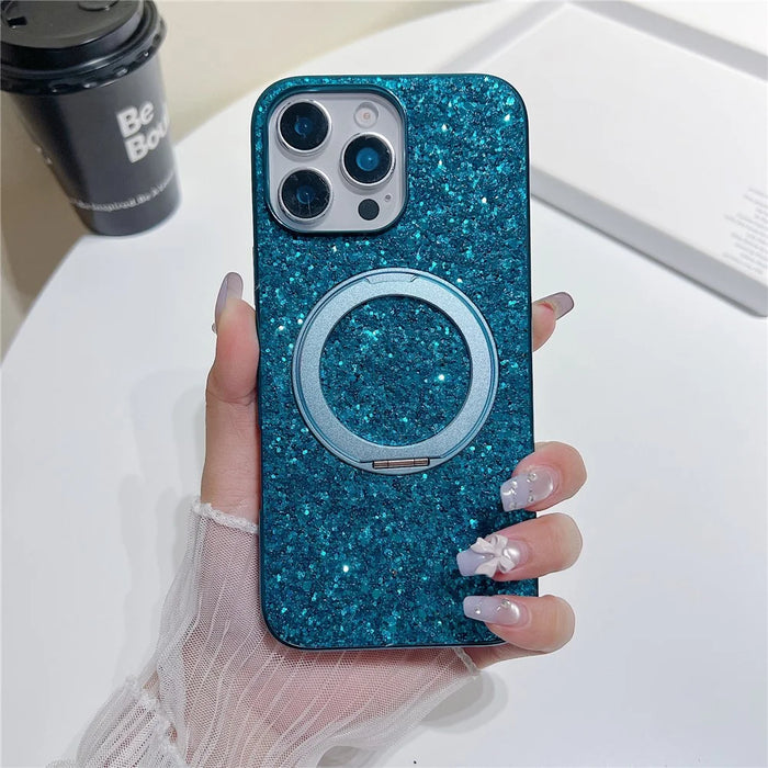 For iPhone 16 Pro Max Magnetic Case with Kickstand Glitter Electroplated TPU + PC Phone Cover - Blue - 2