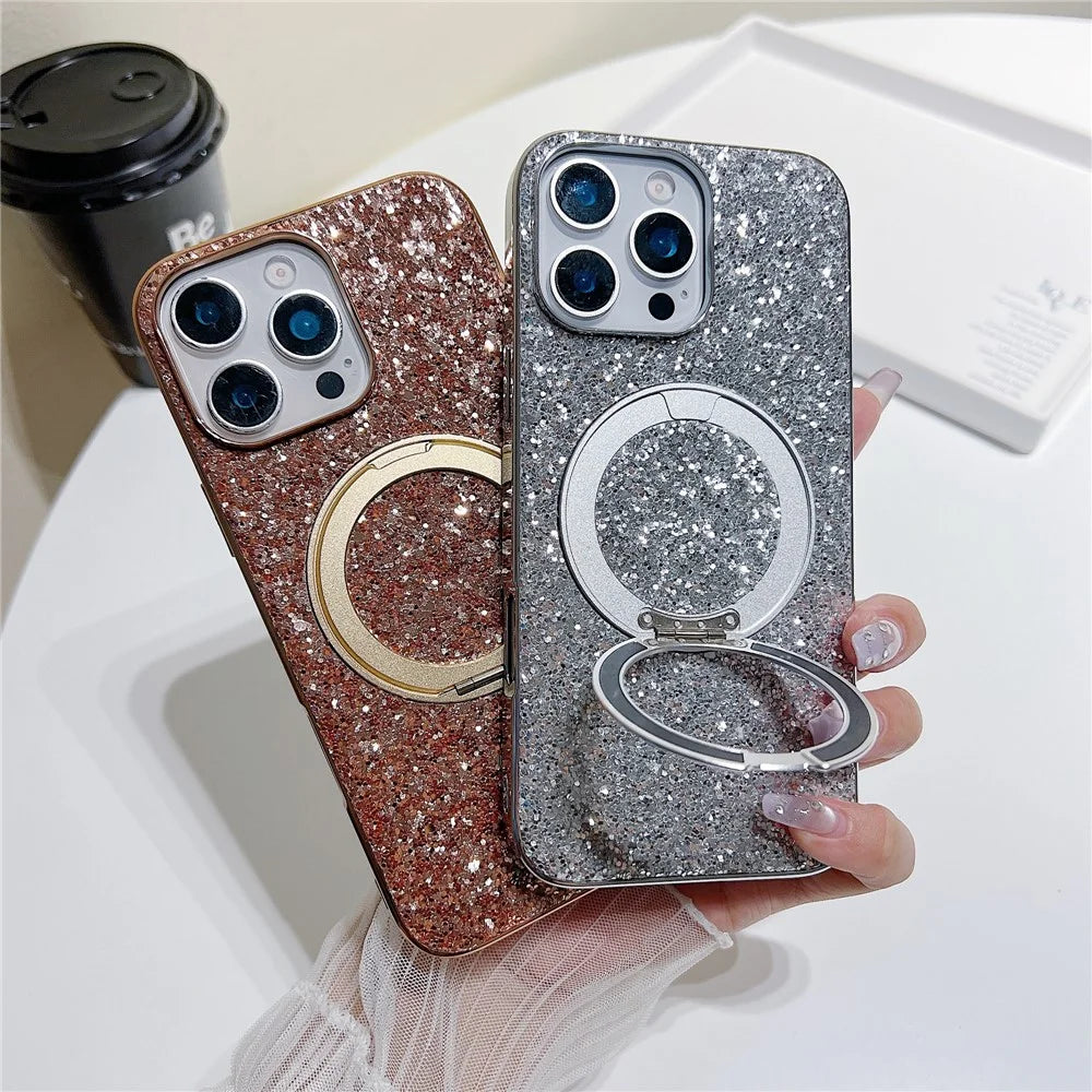 For iPhone 16 Pro Magnetic Case with Kickstand Glitter Electroplated TPU + PC Phone Cover - Blue - 7